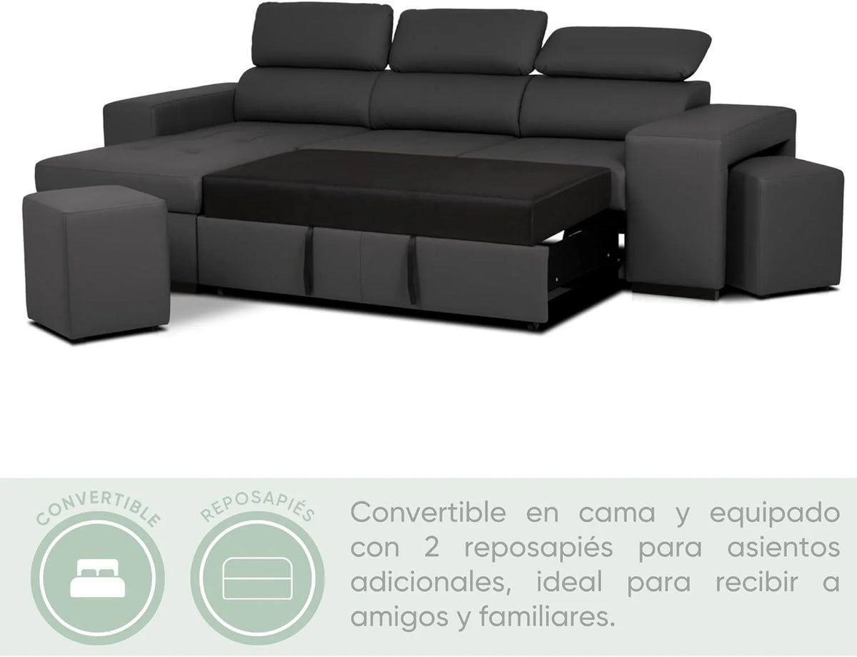 BUDWING John Sofá-Cama de Canto 4 Lugares - Chaise Longue Reversível, Apoios de Cabeça Ajustáveis e 2 Pufes - Estofado em Poliuretano - Estilo Moderno - 263x161x96 cm - Preto