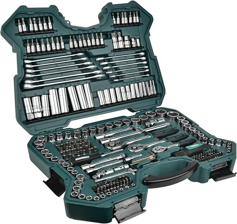 Mannesmann M98430 - Maleta de soquetes e outras ferramentas (215 peças, tamanho: 12x36x51 cm), Cor Verde Mannesmann