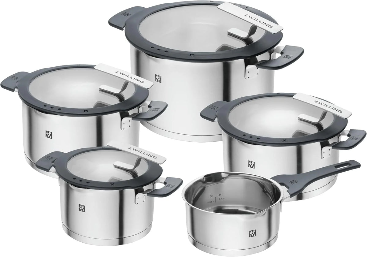 ZWILLING Simplify Conjunto de Panelas de Aço Inoxidável, 5 peças, Com Coador Integrado na Tampa, Adequado para Indução, Prata-Preto