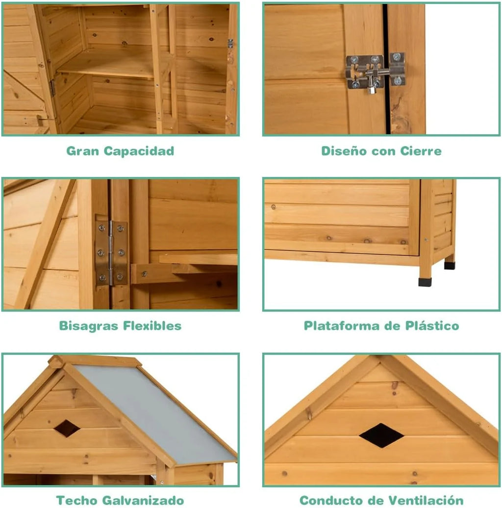 COSTWAY Galpão de Armazenamento de Madeira para Jardim, Armário de Jardim de Madeira com 5 Prateleiras e 2 Portas Trancáveis, Caixa de Ferramentas de Jardim com Telhado Impermeável para Jardim, Varanda e Terraço (70x45x160cm)
