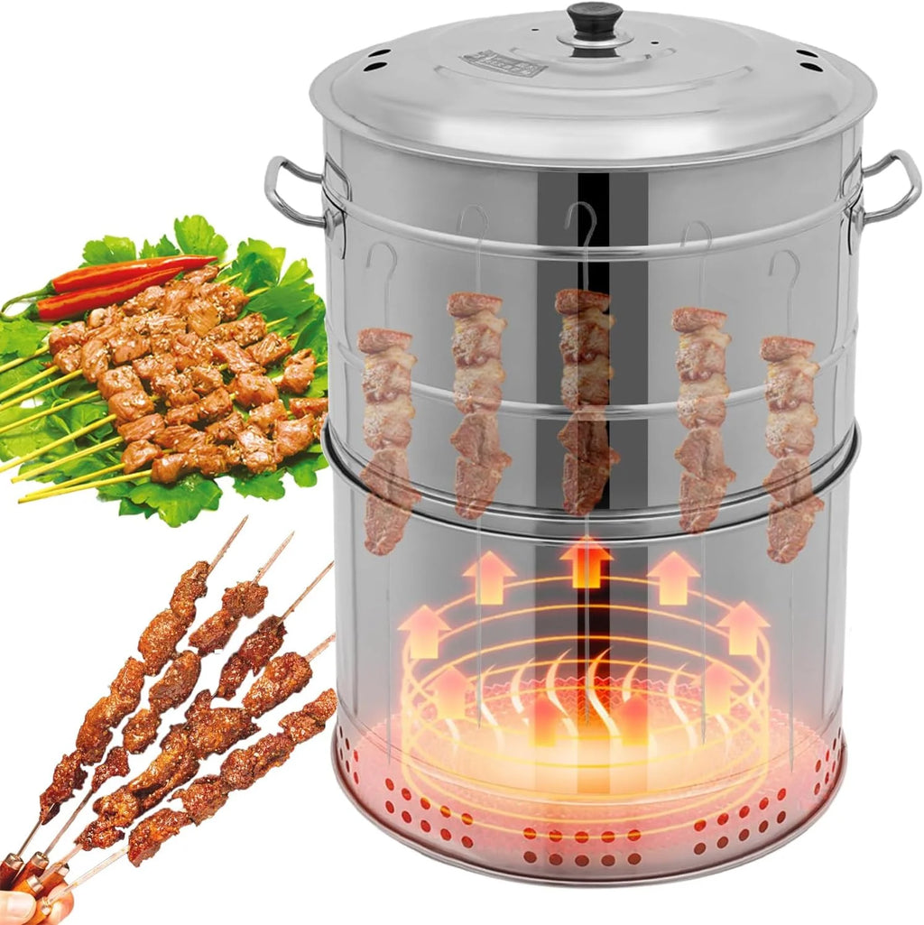 Churrasqueiras a Carvão Portáteis Grandes, Churrasqueira a Carvão Inoxidável em Barril, 360° Sem Fumaça para Exteriores com 50 Espetos, Defumador para Churrasco, Culinária ao Ar Livre e Viagens