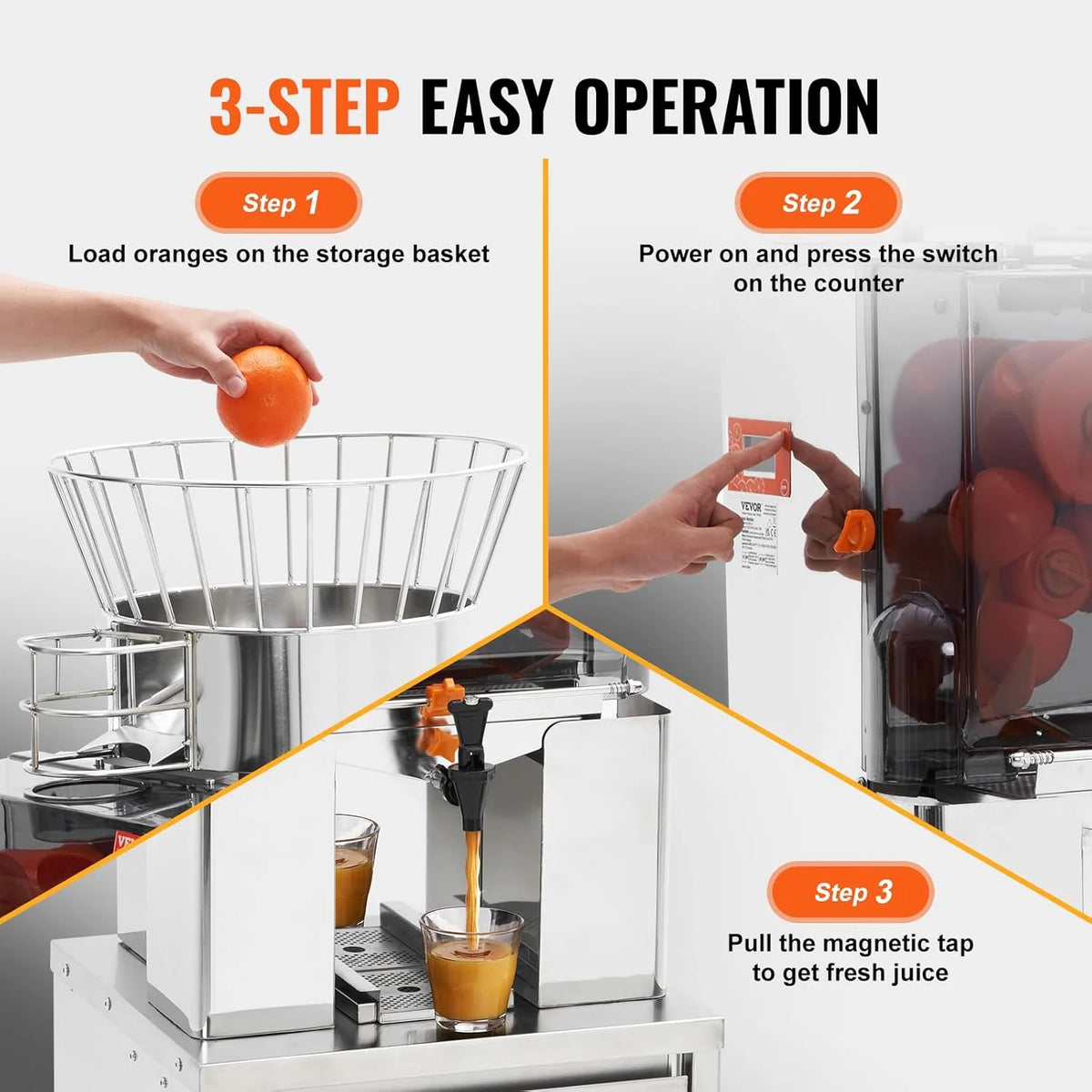 VEVOR Espremedor de Cítricos Elétrico 120 W Extrator de Suco de Laranja Comercial Automático com Filtro Removível, Balde Coletor de Polpa e Torneira para Restaurantes, Cafeterias, Frutarias