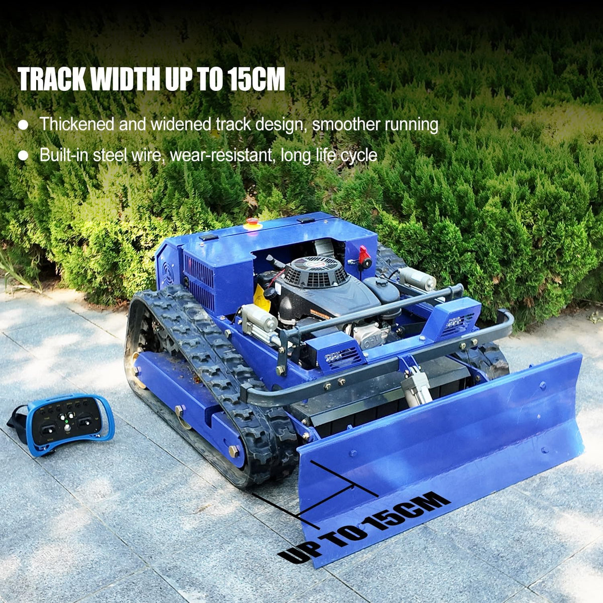 Robô Cortador de Grama, Cortador de Grama de Esteira com Controle Remoto – Equipado com uma Lâmina de Neve – Híbrido 4x4 Óleo-Elétrico – para Terrenos Irregulares e Acidentados