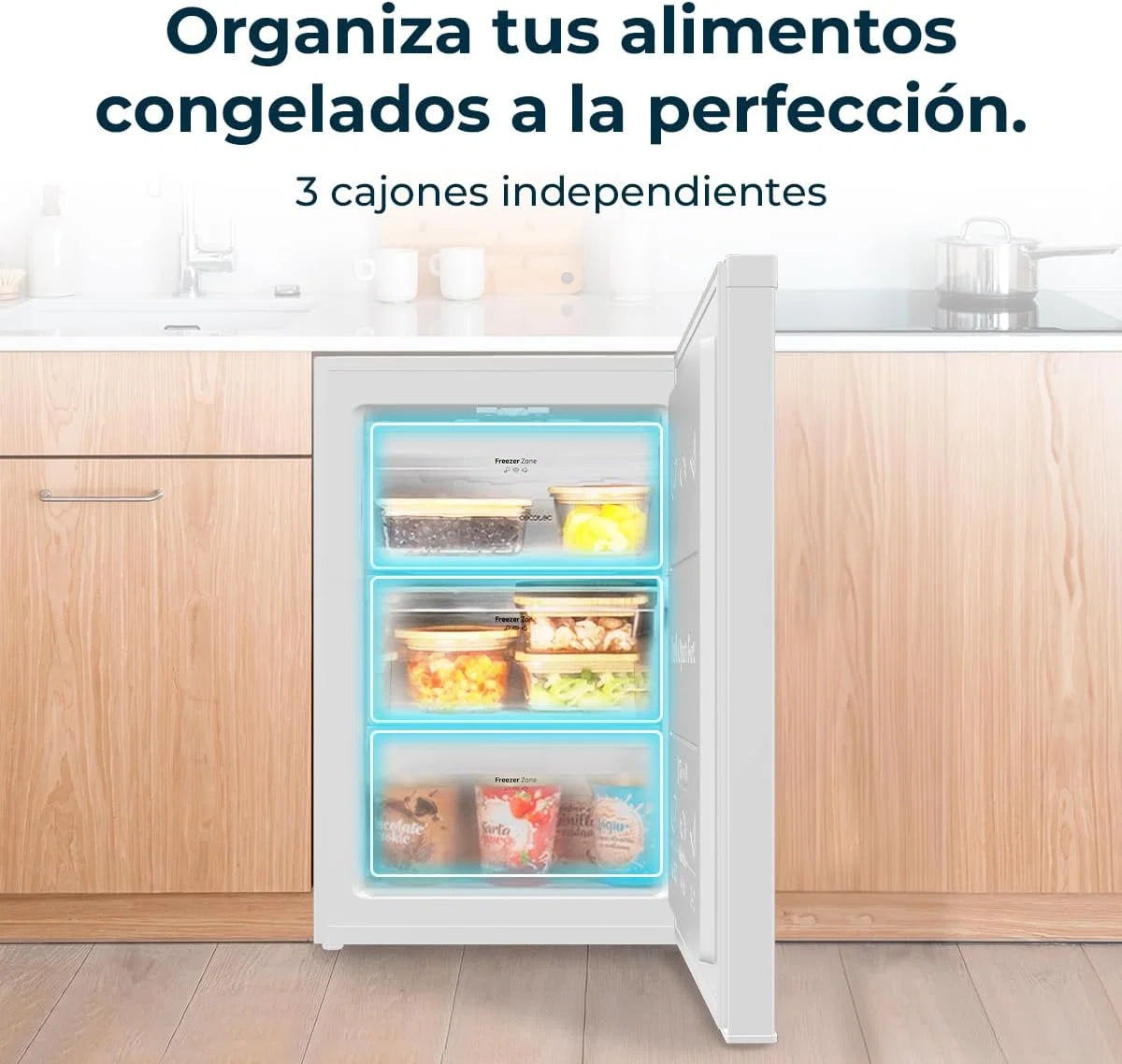 Cecotec Congelador Vertical de Mesa 97 L Bolero CoolMarket TF 97 Branco, Classe Energética E, Design compacto, Porta reversível, 3 Gavetas, Medidas 55,1 x 57,5 x 83,5 cm, Cor Branco