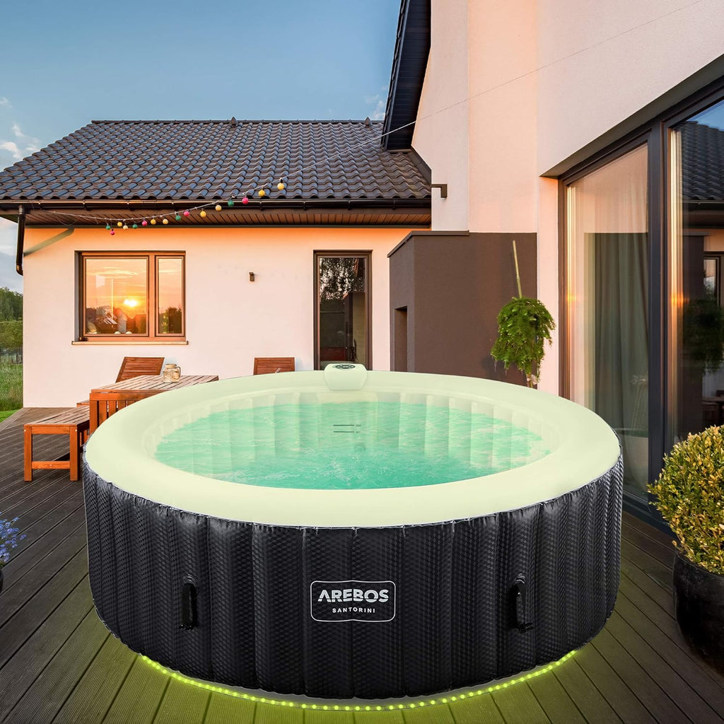 Arebos SPA Inflável | Inflável Automático | para Uso Interno e Externo | ⌀ 208 cm | 6 Pessoas | Faixa de LED | 130 Jatos de Massagem | 1000 L | Inclui Cobertura | SPA e Massagem de Bolhas