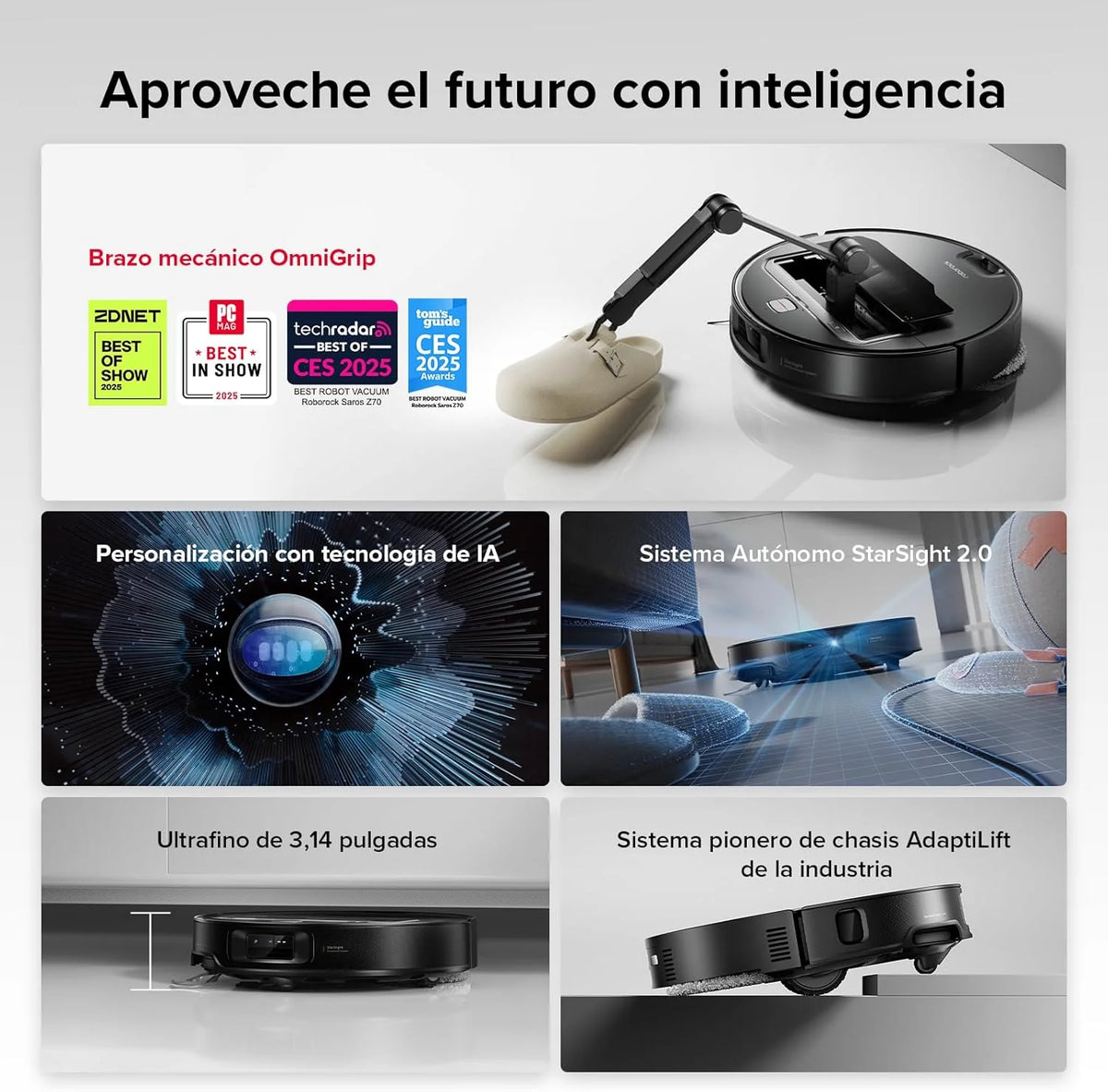 Roborock Saros Z70 Robô Aspirador com Braço Mecânico OmniGrip Dobrável de 5 Eixos, Sucção de 22000 Pa, Sistema Duplo Antiemaranhamento, Design Ultrafino de 7,98 cm e Desvio de 108 Tipos de Obstáculos, Preto