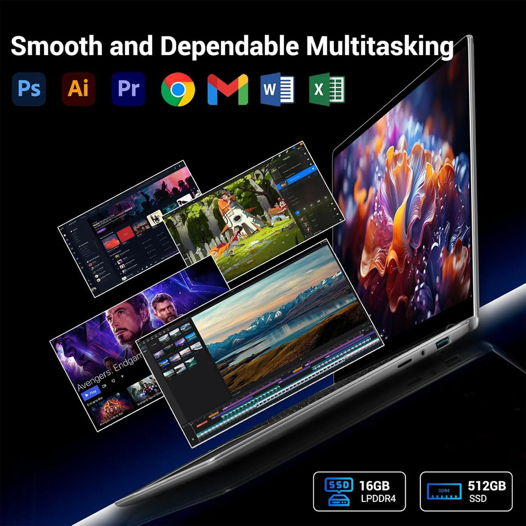 Notebook 15.6 polegadas, Win11 PC Portátil 16GB RAM 512GB SSD N95 CPU (até 3,4 GHz), Laptop IPS HD 1920 x 1080 FHD, com WiFi 5, HDMI, 2*USB 3.0, Type-C, Slot para Cartão TF