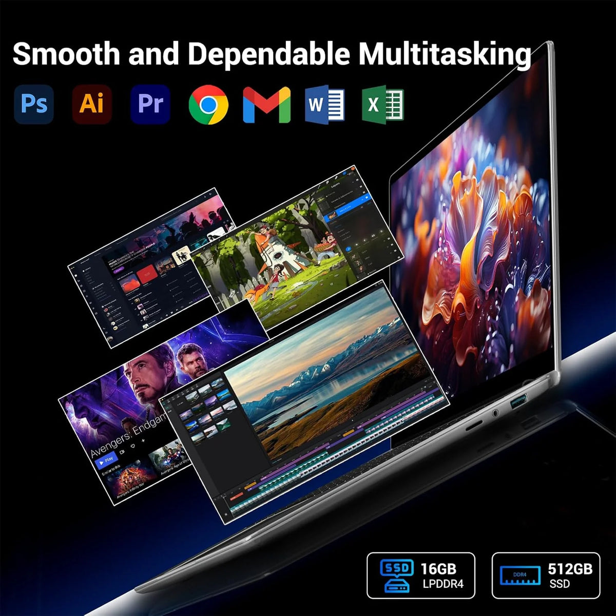 Notebook 15.6 polegadas, Win11 PC Portátil 16GB RAM 512GB SSD N95 CPU (até 3,4 GHz), Laptop IPS HD 1920 x 1080 FHD, com WiFi 5, HDMI, 2*USB 3.0, Type-C, Slot para Cartão TF