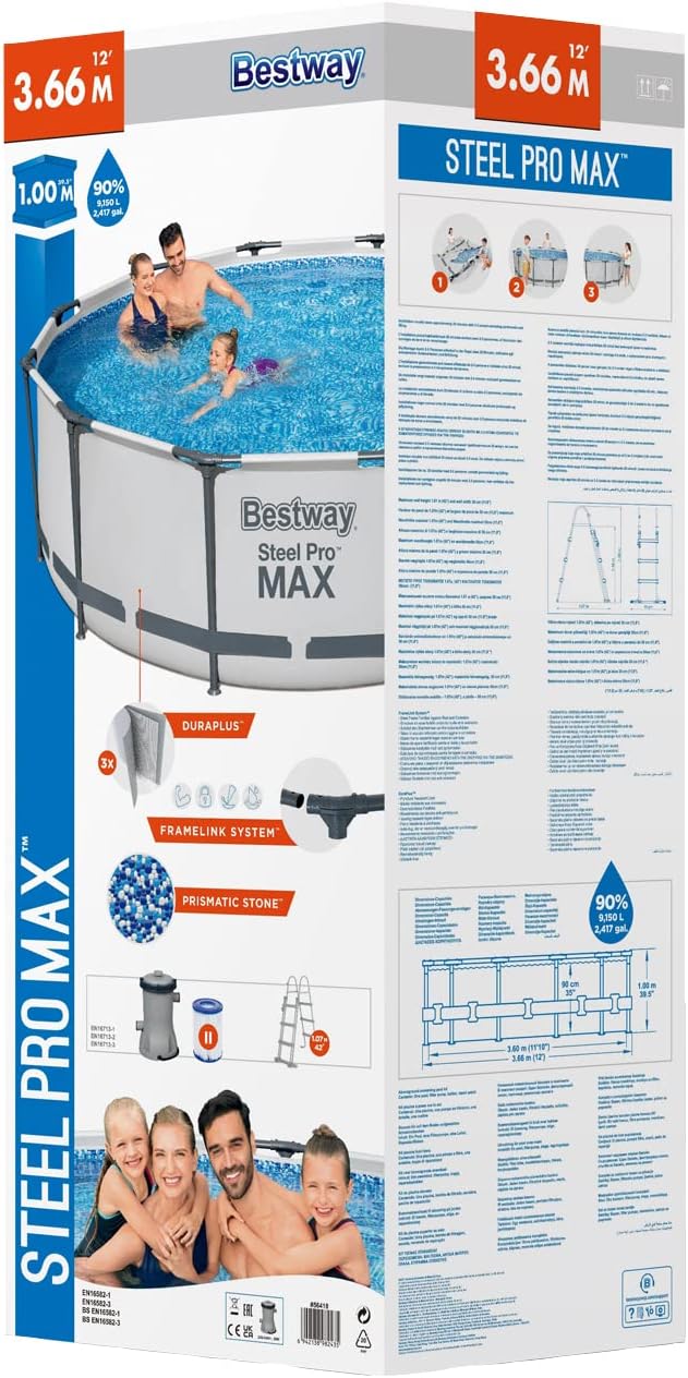 BESTWAY 56418 - Piscina Estrutural Steel Pro MAX 366 x 100 cm, com Bomba Filtrante de Cartucho 2.006 L/H e Escada