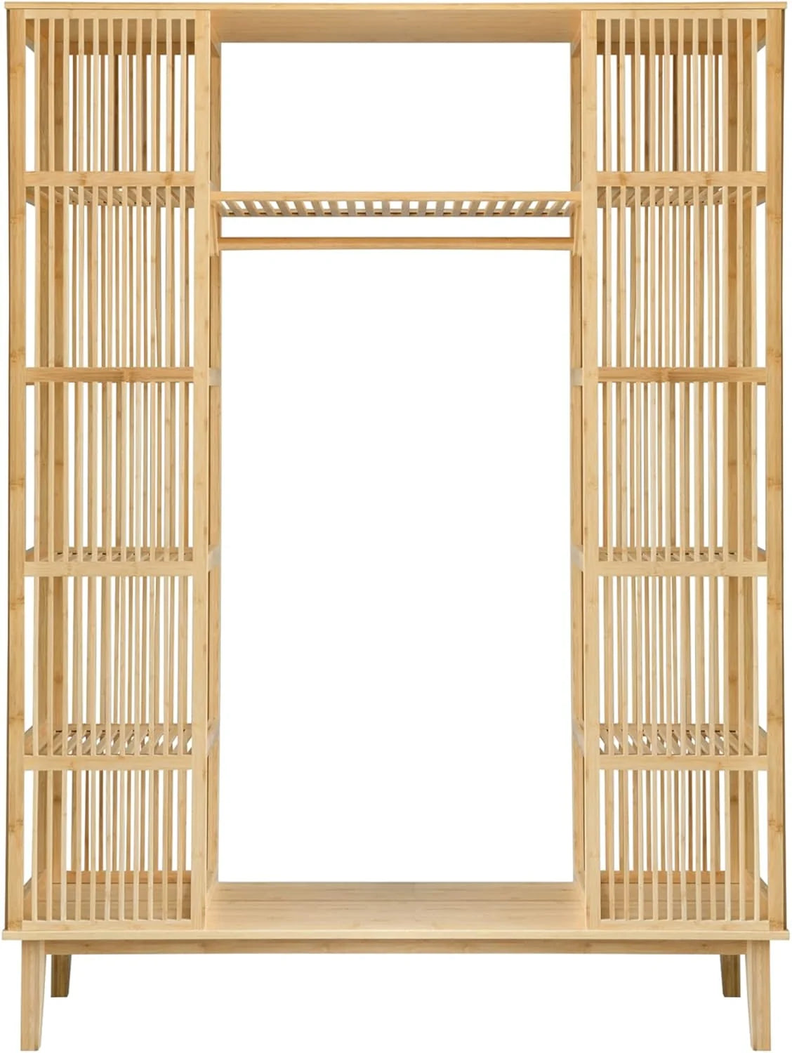 [en.casa] Guarda-Roupa com 2 Portas Deslizantes Roupeiro com 12 Prateleiras e 1 Varão de Bambu 185 x 140 x 45 cm Natural
