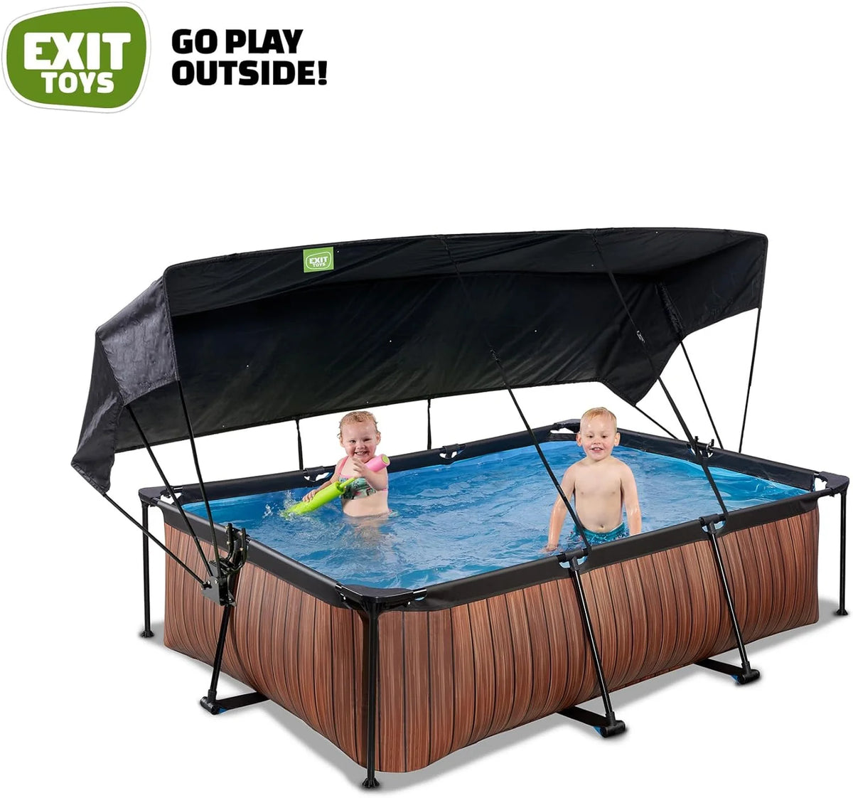 EXIT Toys Wood Pool com Toldo Solar - 220x150x65cm - Piscina de Estrutura Retangular Compacta com Bomba de Filtro de Cartucho - Proteção UV Ótima - Fácil Acesso - Design Exclusivo - Marrom