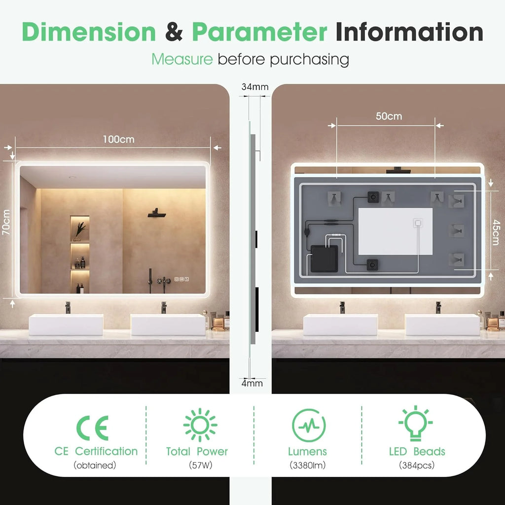 Espelho de Banheiro S'bagno com Luz 100x70cm, Espelho de Banheiro LED Bluetooth, Antiembaçante, 3 Cores, Regulável, Memória, Vidro Temperado HD, Resistente à Água IP44, Vertical/Horizontal