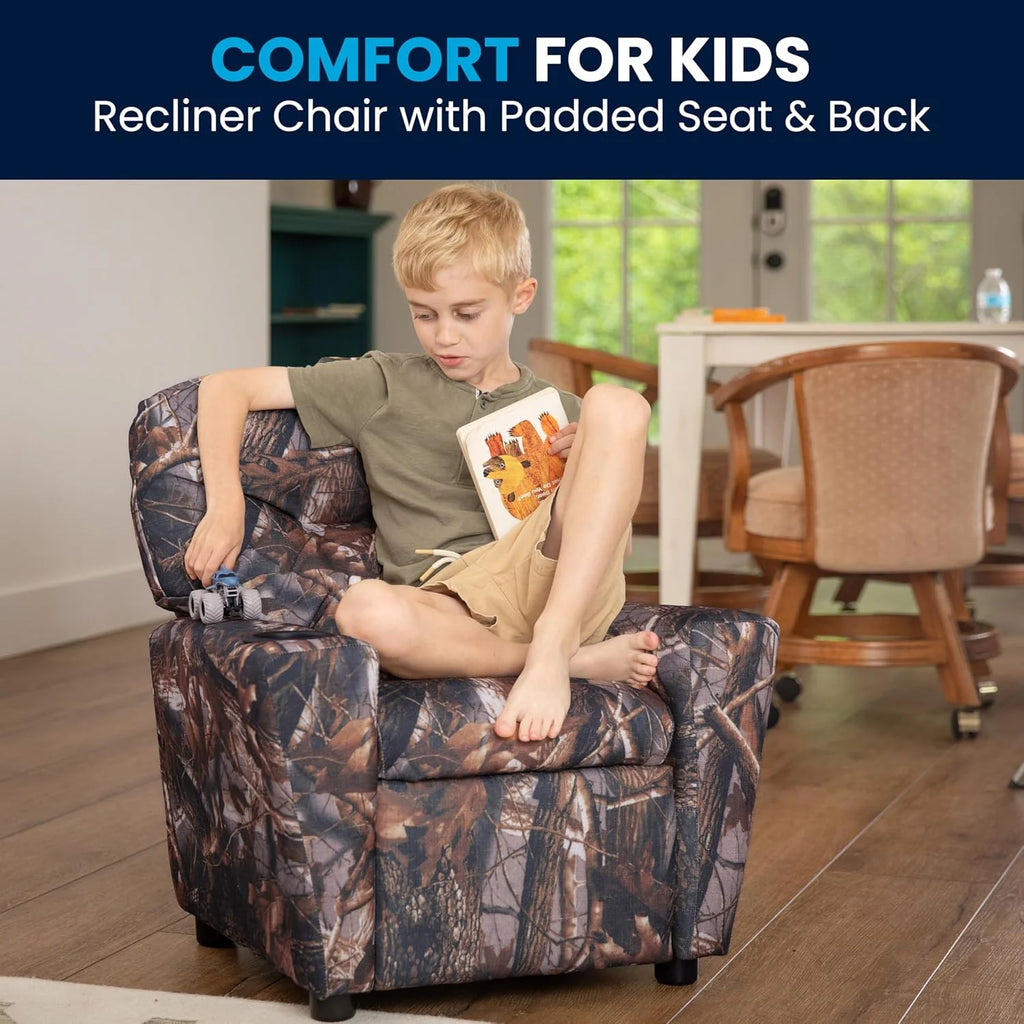 Poltrona Reclinável Infantil Contemporânea Flash Furniture com Porta-Copos, Madeira, Vinil Bege, 66,04 x 53,34 x 53,34 cm