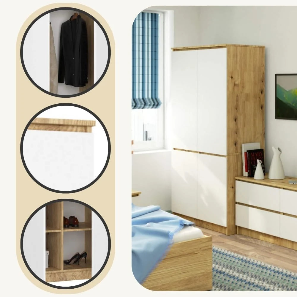 Guarda-Roupa AKORD S90 Carvalho Artesanal 90 cm 4 portas frente em branco 90x51x180 cm