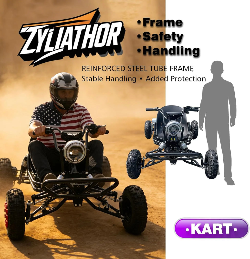 Kart Elétrico 48V para Adultos e Crianças - Motor 2000W (20-60 km/h), Pneus Todo Terreno 6'', Bateria 10.4Ah (Autonomia 19+ km), Capacidade 200 kg, 3 Modos de Velocidade, Luzes LED