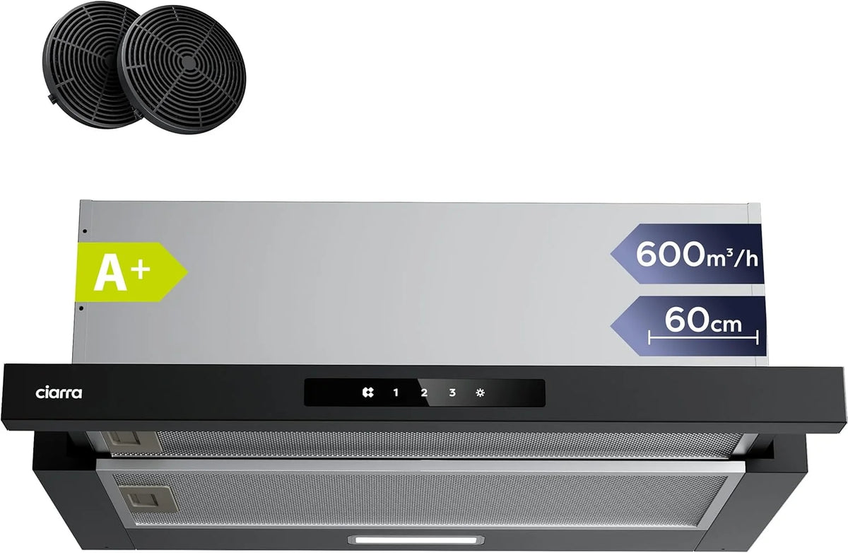 CIARRA CBCB6909A Coifa de Parede Telescópica Preta para Cozinha 60 cm 600 m³/h Classe A+ 3 Níveis Controle Touch Iluminação LED Filtro de Carvão CBCF055