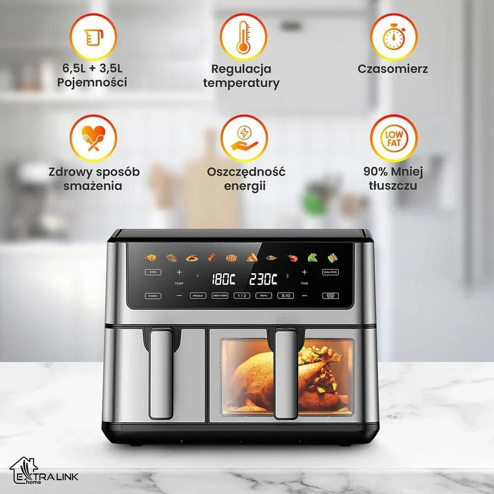 Fritadeira de Ar Extralink Dual Basket com Janela, 2 Cestos, 2500 W, 6,5 l e 3,5 l, Prateada