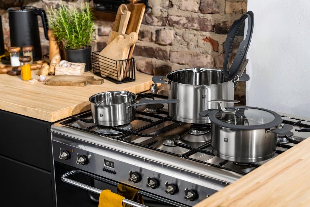 ZWILLING Jogo de panelas simplificado em aço inoxidável, 5 peças, com peneira integrada na tampa, adequado para indução, prata/preto