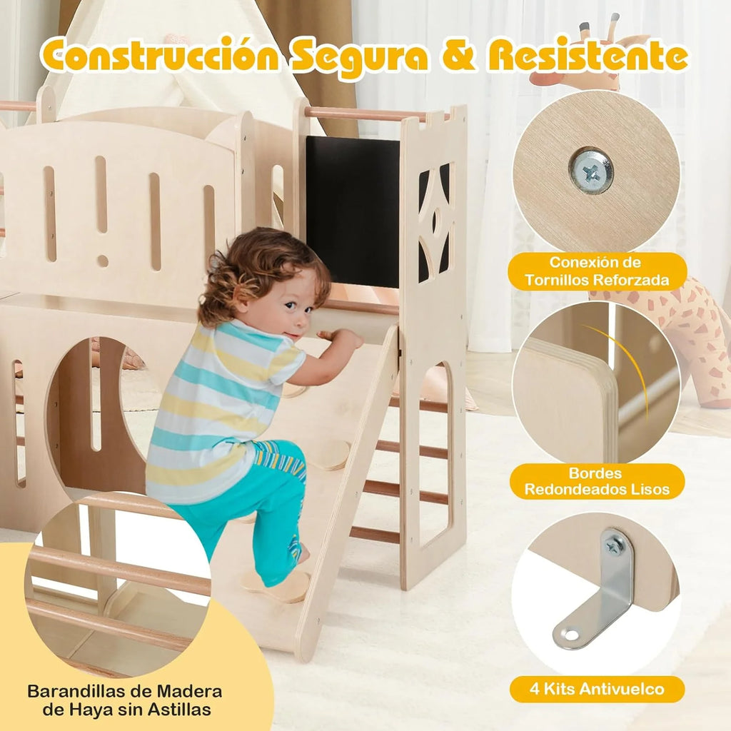 Parque Infantil Interno de Madeira Costway 8 em 1, Tema de Castelo, Escorregador, Escalador, Escadas, Armazenamento, Quadro-Negro, Túnel, Brinquedo Montessori para Crianças a Partir de 3 Anos