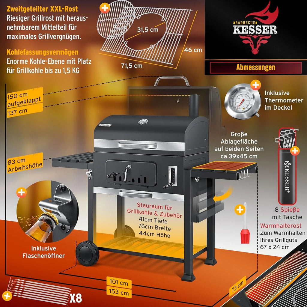 KESSER® Churrasqueira a Carvão com Carrinho Grelhador com Tampa, Rodas, Puxador em Aço Inoxidável | Grelhador e Termómetro a Carvão Grande BBQ Assador Acampamento, Terraço, Jardim XXL Cinza