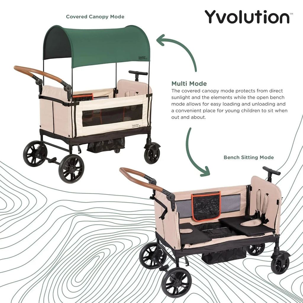 Carrinho Dobrável Yvolution Easy com Toldo - Carrinho Dobrável para Crianças, Cargas e Jardim, Carrinho com Abertura Lateral para 2 Crianças, Alça Ajustável de Empurrar e Puxar, Porta Frontal com