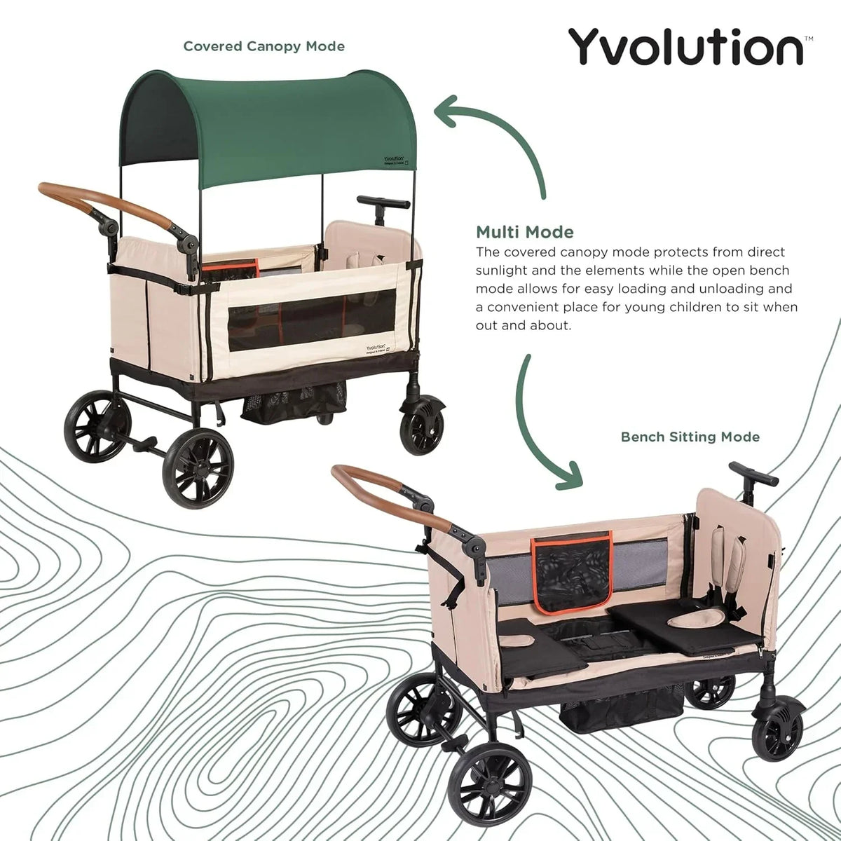 Carrinho Dobrável Yvolution Easy com Toldo - Carrinho Dobrável para Crianças, Cargas e Jardim, Carrinho com Abertura Lateral para 2 Crianças, Alça Ajustável de Empurrar e Puxar, Porta Frontal com