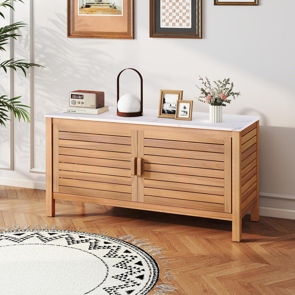KOMFOTTEU Baú de Jardim de Madeira de Acácia, Caixa de Armazenamento com Porta Dupla e Tampa de Mármore Artificial, Baú Externo com Pés Ajustáveis, Contêiner Organizador para Pátio