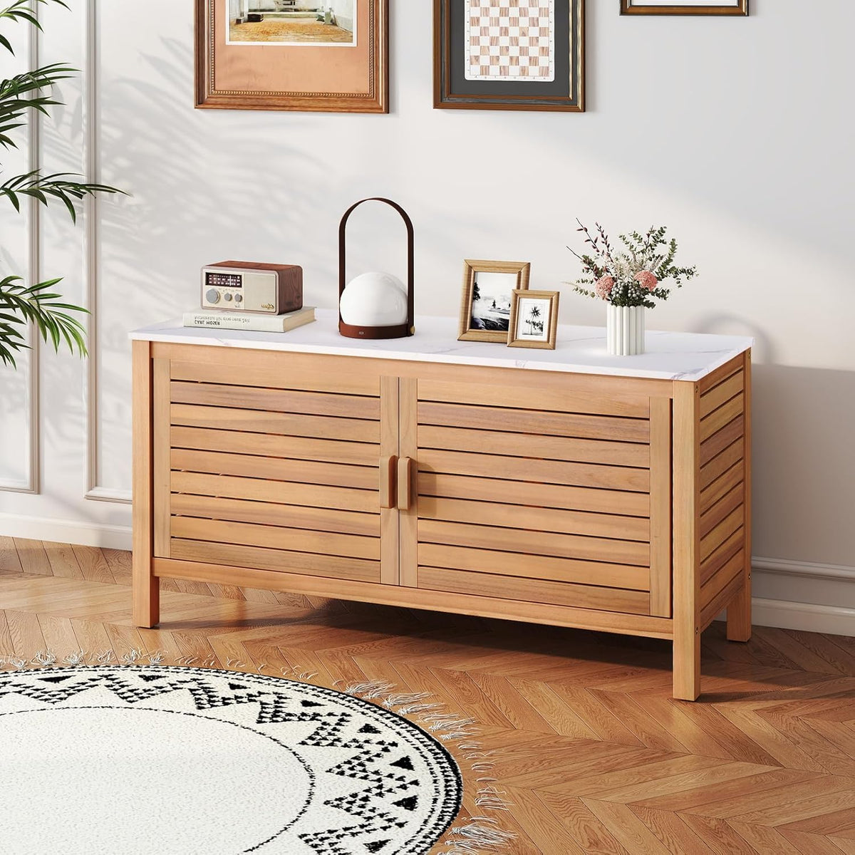 KOMFOTTEU Baú de Jardim de Madeira de Acácia, Caixa de Armazenamento com Porta Dupla e Tampa de Mármore Artificial, Baú Externo com Pés Ajustáveis, Contêiner Organizador para Pátio