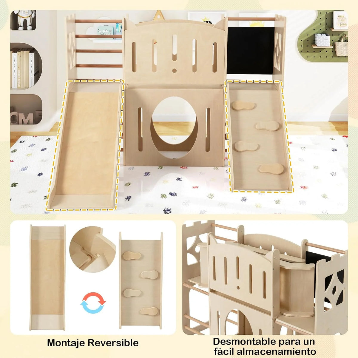 Parque Infantil Interno de Madeira Costway 8 em 1, Tema de Castelo, Escorregador, Escalador, Escadas, Armazenamento, Quadro-Negro, Túnel, Brinquedo Montessori para Crianças a Partir de 3 Anos