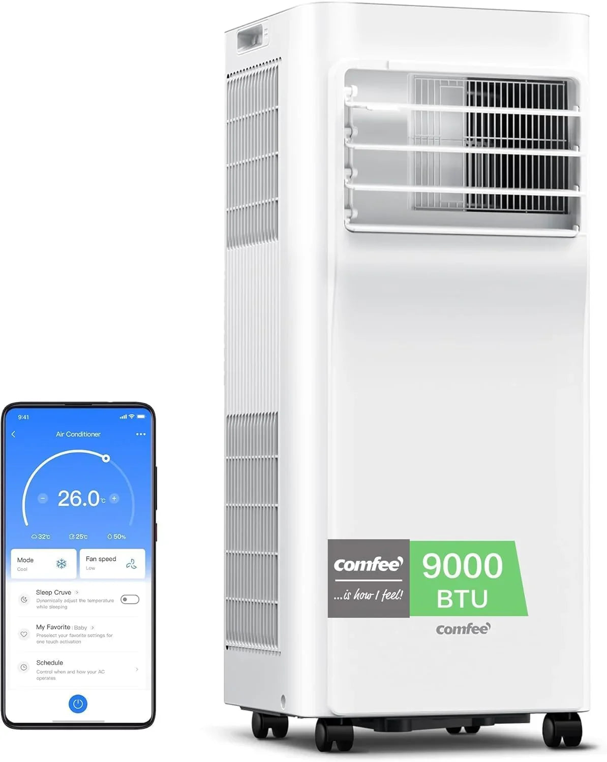 Ar Condicionado Portátil COMFEE Penguin 3 em 1 | 9000 BTU/2250 Frigorias com App + Comando à Distância | Ar Condicionado e Desumidificador | Baixo Consumo | Função Follow Me | Inclui Kit Janela