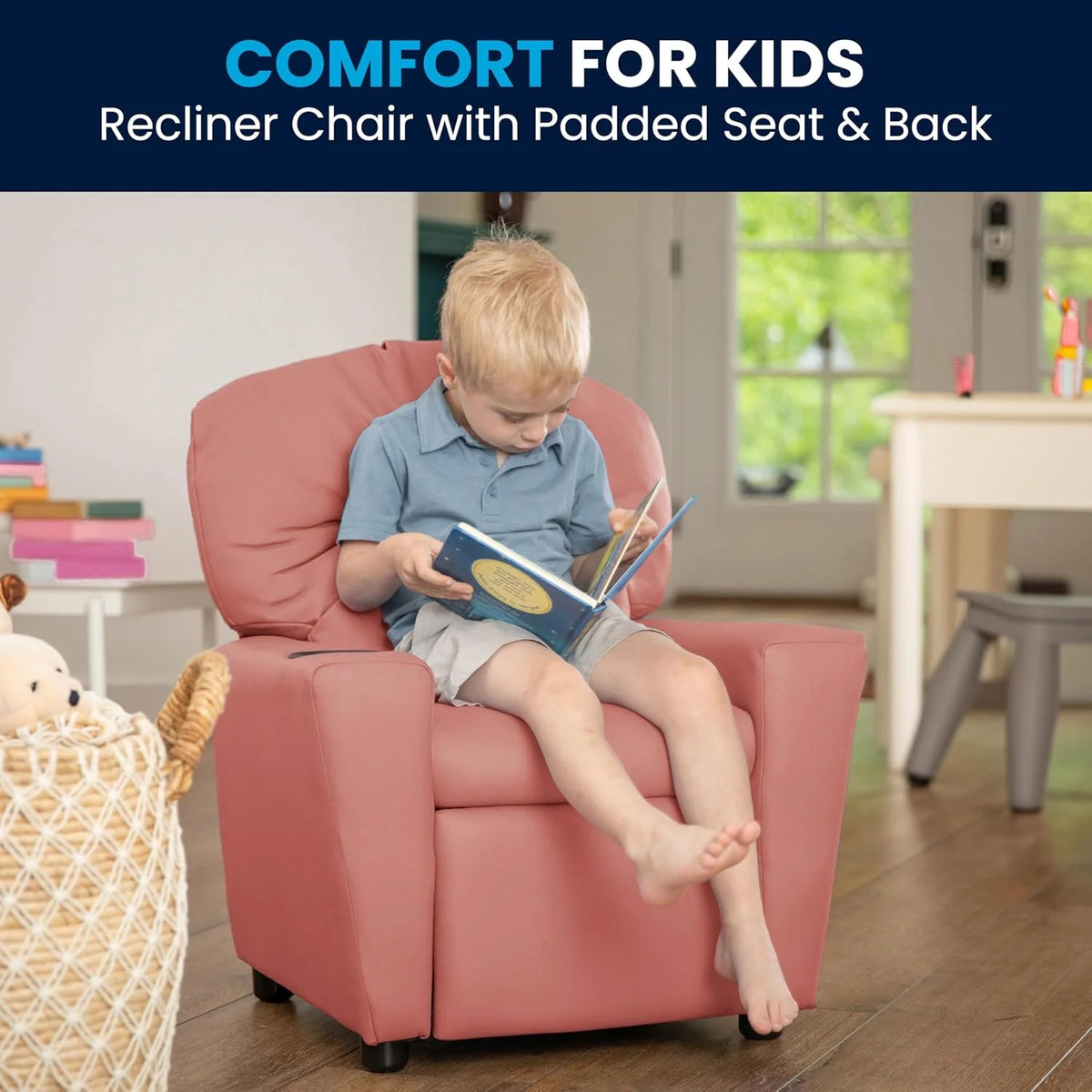 Poltrona Reclinável Infantil Contemporânea Flash Furniture com Porta-Copos, Madeira, Vinil Bege, 66,04 x 53,34 x 53,34 cm