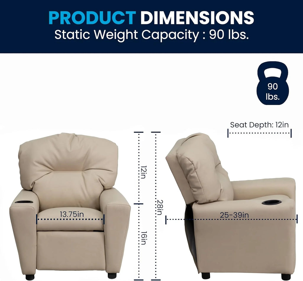 Poltrona Reclinável Infantil Contemporânea Flash Furniture com Porta-Copos, Madeira, Vinil Bege, 66,04 x 53,34 x 53,34 cm