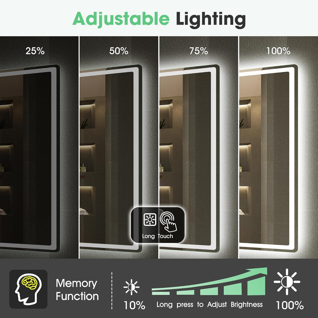 S'bagno Espelho de Banheiro com Luz 120x70cm, Espelho de Banheiro LED Bluetooth com Função Antiembaciamento, 3000K/4000K/6500K, Regulável, Memória, Vidro Temperado HD, IP44-Espelhos de Banheiro com LED, Horizontal/Vertical