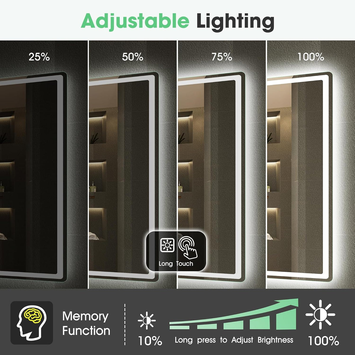 S'bagno Espelho de Banheiro com Luz 120x70cm, Espelho de Banheiro LED Bluetooth com Função Antiembaciamento, 3000K/4000K/6500K, Regulável, Memória, Vidro Temperado HD, IP44-Espelhos de Banheiro com LED, Horizontal/Vertical