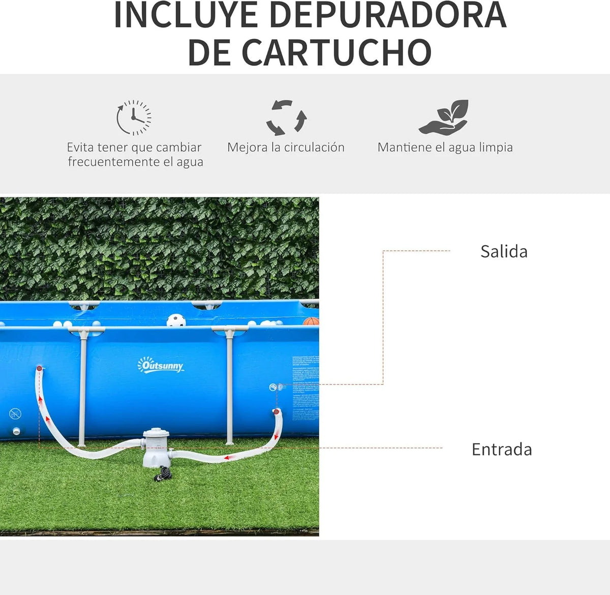 Outsunny Piscina Desmontável Tubular 252x152x65 cm com Bomba Filtrante de Cartucho 1200L/H Piscina Retangular Exterior para Adultos e Crianças 2163L Azul