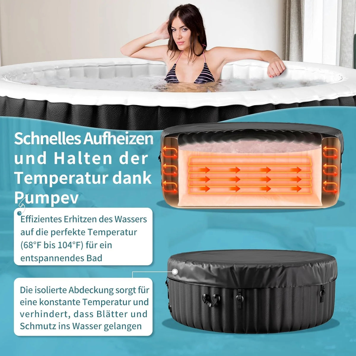 Banhira de Hidromassagem Inflável para 4 Pessoas, 2400 W, Interno/Externo, Piscina de Spa de Inverno, com 120 Jatos de Ar, Proteção Contra Congelamento, 799 Litros, À Prova de Vazamento, Economia de Energia