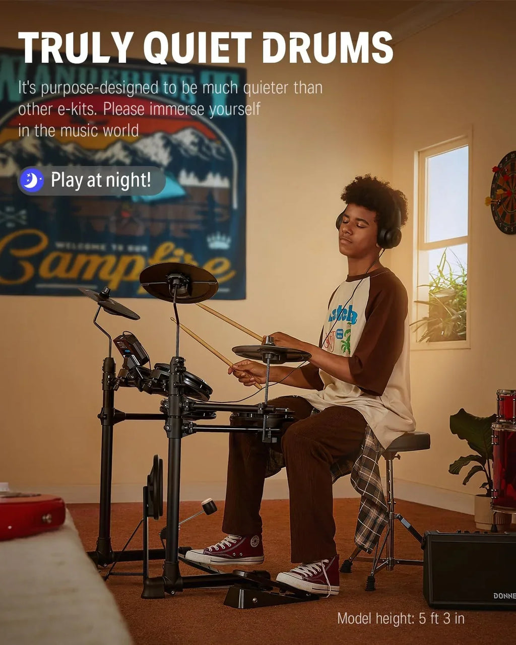 Bateria Eletrônica Musical Donner DED-80 de 7 Peças com Pads de Mesh, 180 Sons, Banco de Bateria, Fone de Ouvido, Baquetas, Presente de Natal de Aniversário para Crianças, 40 Aulas Melodics