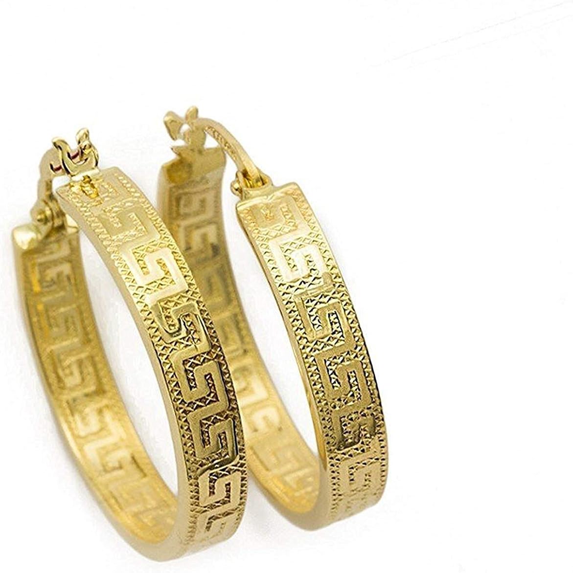 Brincos de argola em ouro amarelo 18K/750 com padrão de chave grega e acabamento diamantado (2 x 14 mm Ø) - PRI37A