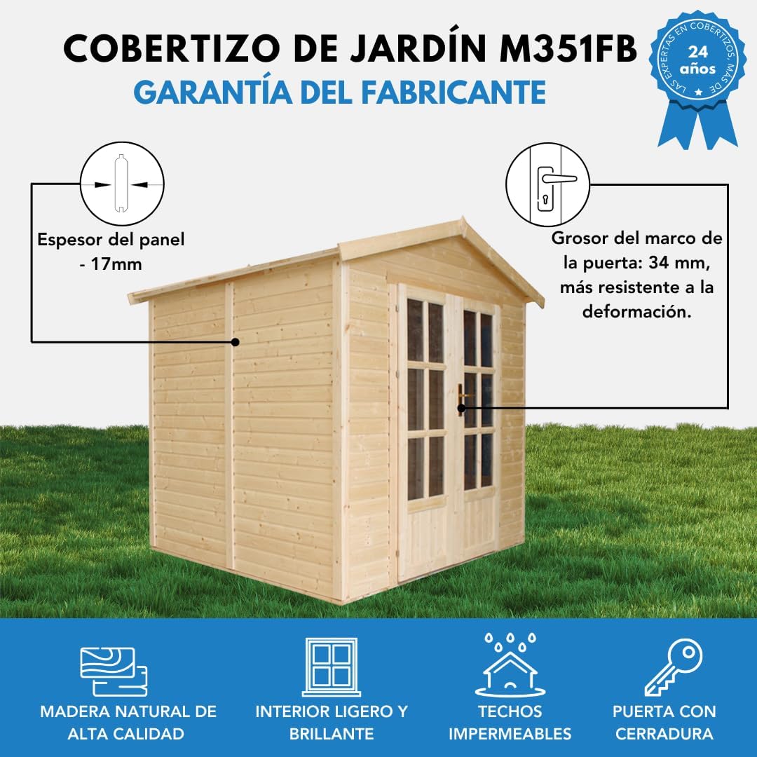 Casinha de Jardim de Madeira com Telhas Betuminosas Cinzentas L233 x P222 x A233 cm, Casinha de Madeira com Chão, Janela, Porta Dupla, Cabana de Jardim, Oficina ou Estúdio de Jardim TIMBELA M351FB
