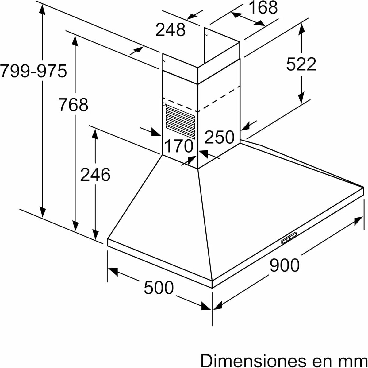 Balay - Coifa Decorativa de Parede Piramidal, 90 cm de largura, 3 potências de extração, Instalação em Saída de Fumaça ou Recirculação, Aço Inoxidável, 3BC696MX