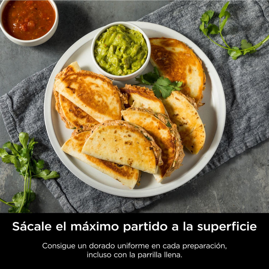 Ninja Sizzle Pro XL Grill and Chapa Interna com Chapa e Grelha de Cerâmica Antiaderente, Tampa Removível, Coletor de Gordura e Guia de Receitas, Prata/Preto GX101EU