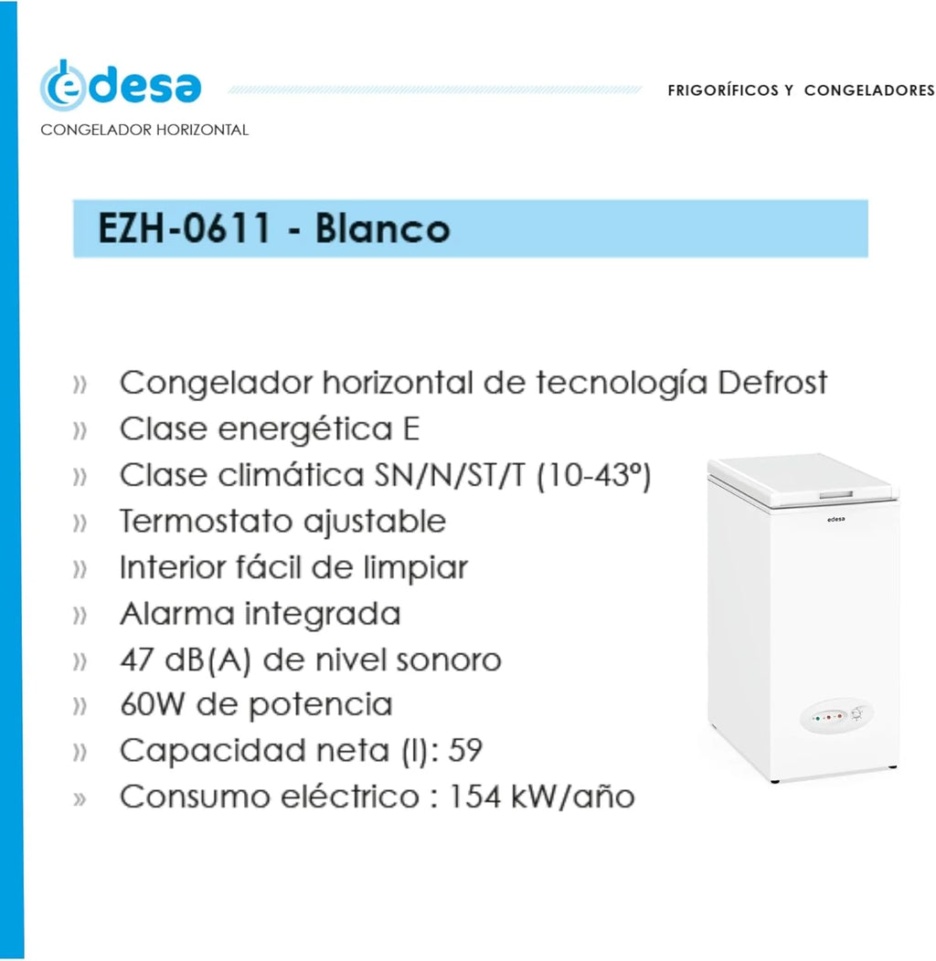 Edesa Freezer Horizontal EZH-0611, Altura 0.84 m, Termostato Ajustável, Fácil Limpeza, Alarme Integrado, Baixo Nível de Ruído, Grande Capacidade 59 l, Potência 60W, Cor Branco