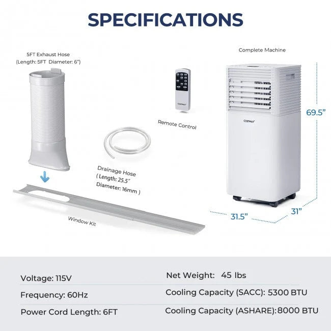Ar-Condicionado Portátil 3 em 1 de 8000 BTU com Desumidificador e Modo Ventilador