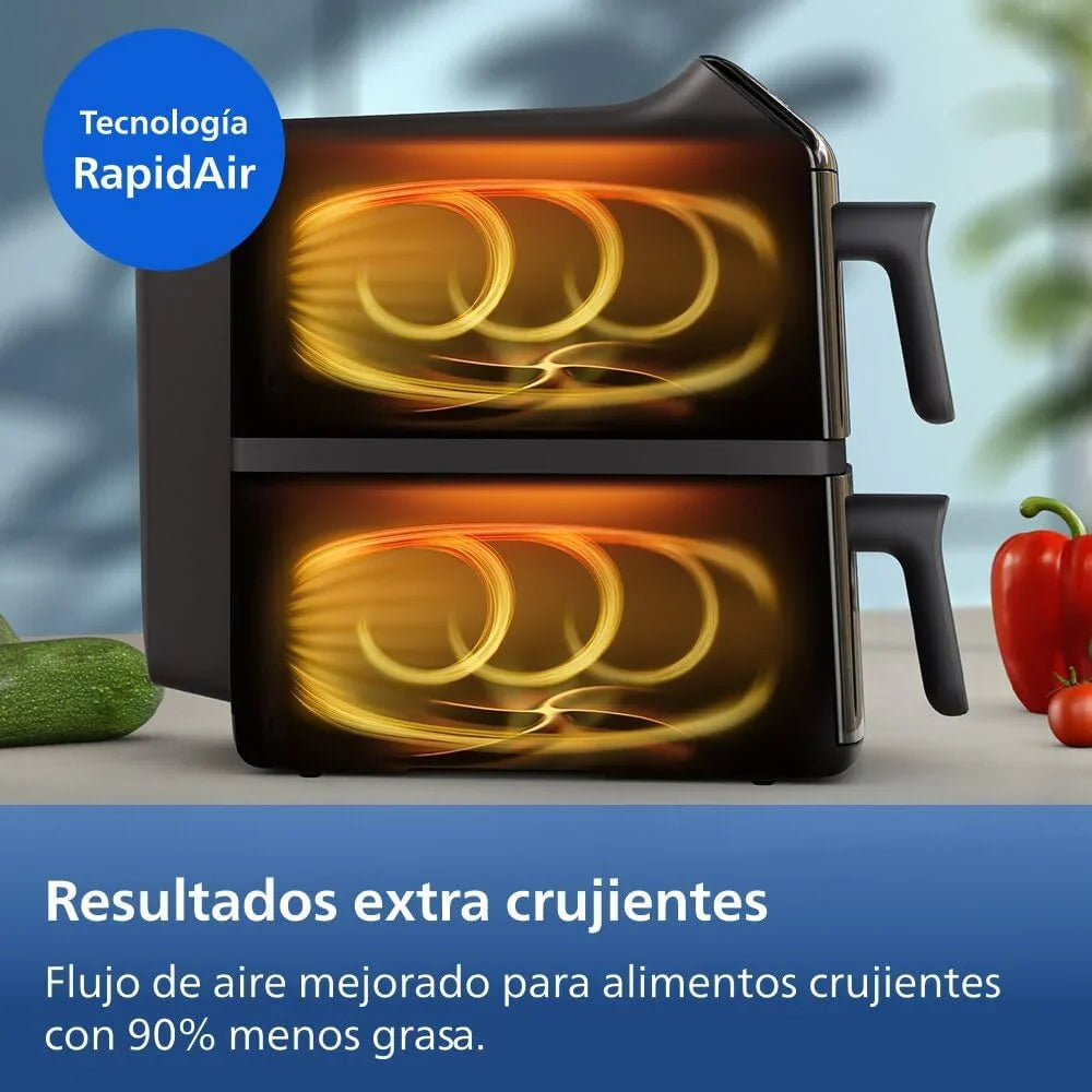 Fritadeira sem Óleo Philips Airfryer Série 4000 Cesto Vertical Duplo 10L – Tecnologia RapidAir, Sincronização, 2 Cestos Simultaneamente, 45% Menos Espaço, Revestimento Cerâmico Livre de PFAS, Janelas de Visualização (NA460/00)