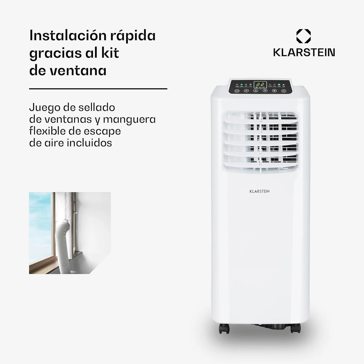 Klarstein Ar Condicionado Portátil e Silencioso, Resfriador de Ar 4 em 1 para Casas e Escritórios com Modo Noturno, com Controle Remoto e Desumidificador, Ar Condicionado de Baixo Consumo 7.000 BTU Branco