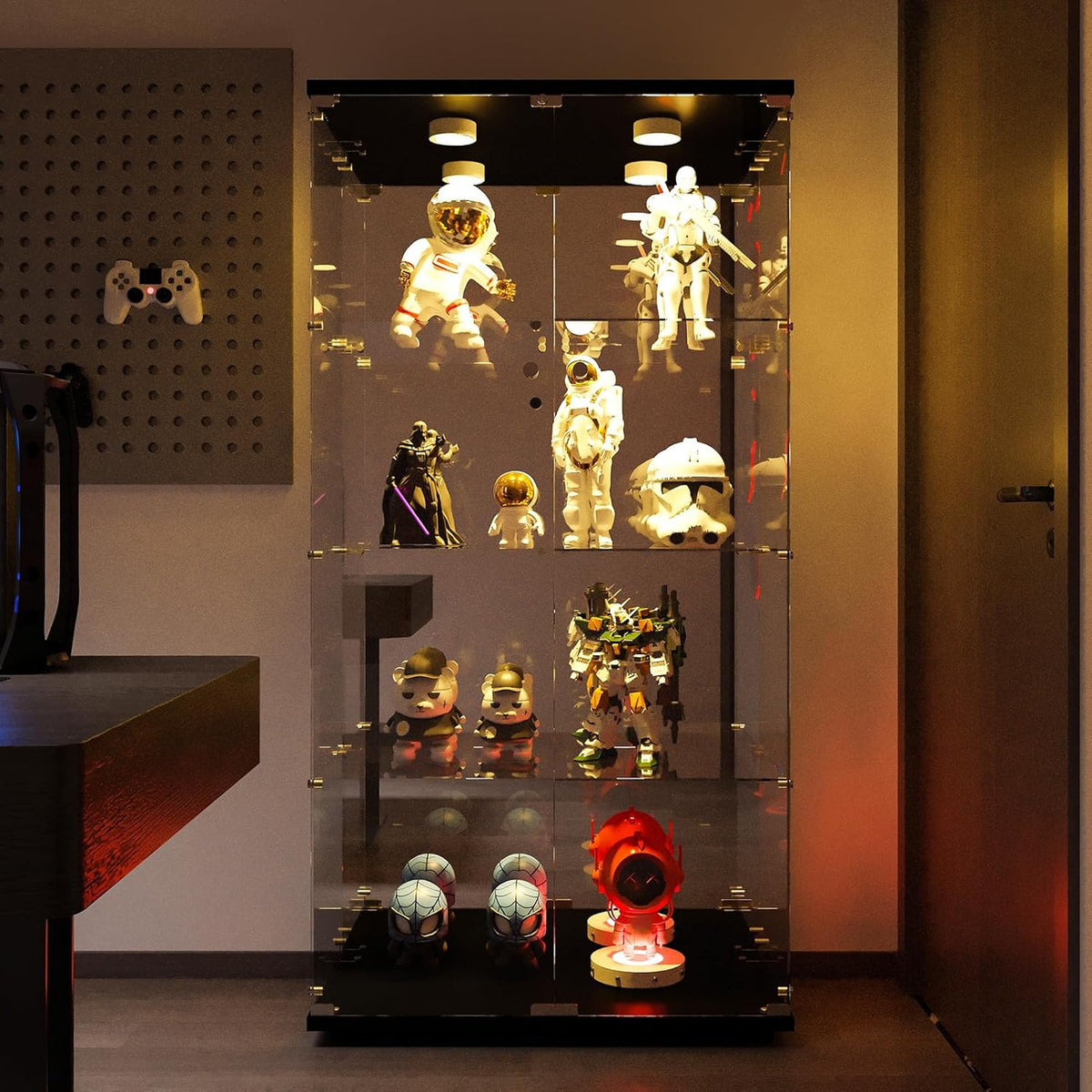 Vitrine de Vidro com Iluminação, Porta com Fechadura, 4 Prateleiras - Vitrine Grande para Coleções, Vitrine de Chão para Sala ou Escritório (Fundo Espelhado)