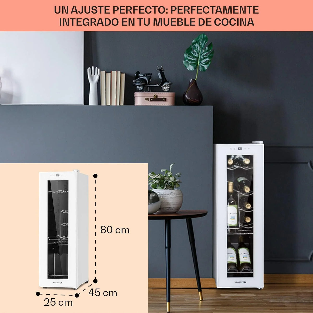 KLARSTEIN Vinoteca para Vinos de 32L Nevera Vino Uma Zona, Garrafas de Vinho, Prosecco e Cervejas, Vinoteca Pequena Porta de Vidro para Interior e Exterior, Frigorífico para Vinhos Capacidade 12 Garrafas