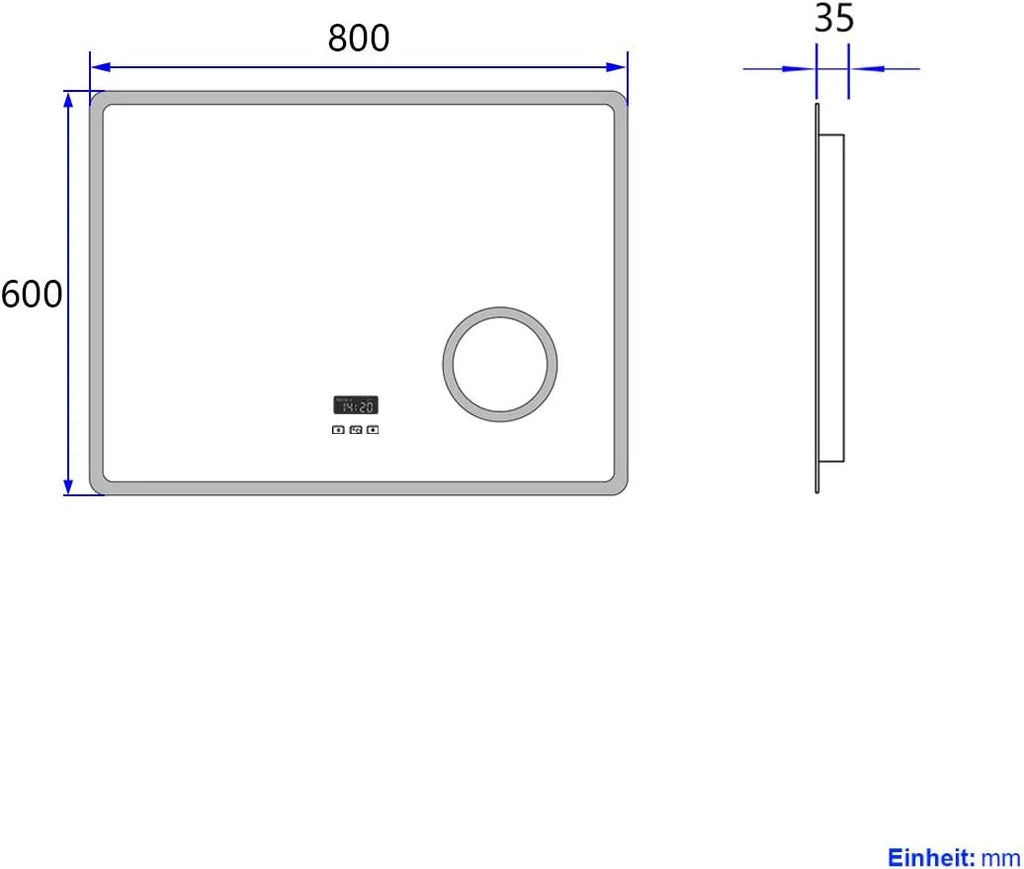 Heilmetz Espelho de Banheiro Iluminado por LED com Lupa 3X, 80 x 60 cm, com Interruptor de Toque e Função Antiembaçamento, Relógio e Bluetooth, Regulável, Três Cores, Tipo13