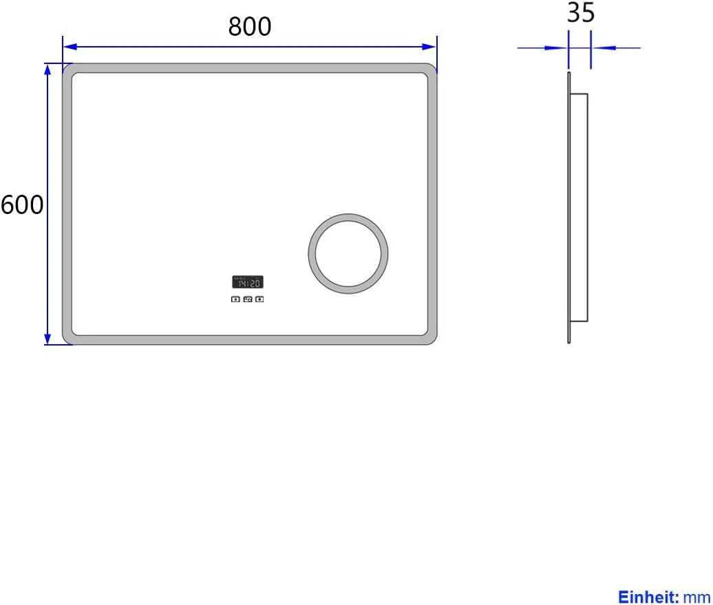Heilmetz Espelho de Banheiro Iluminado por LED com Lupa 3X, 80 x 60 cm, com Interruptor de Toque e Função Antiembaçamento, Relógio e Bluetooth, Regulável, Três Cores, Tipo13