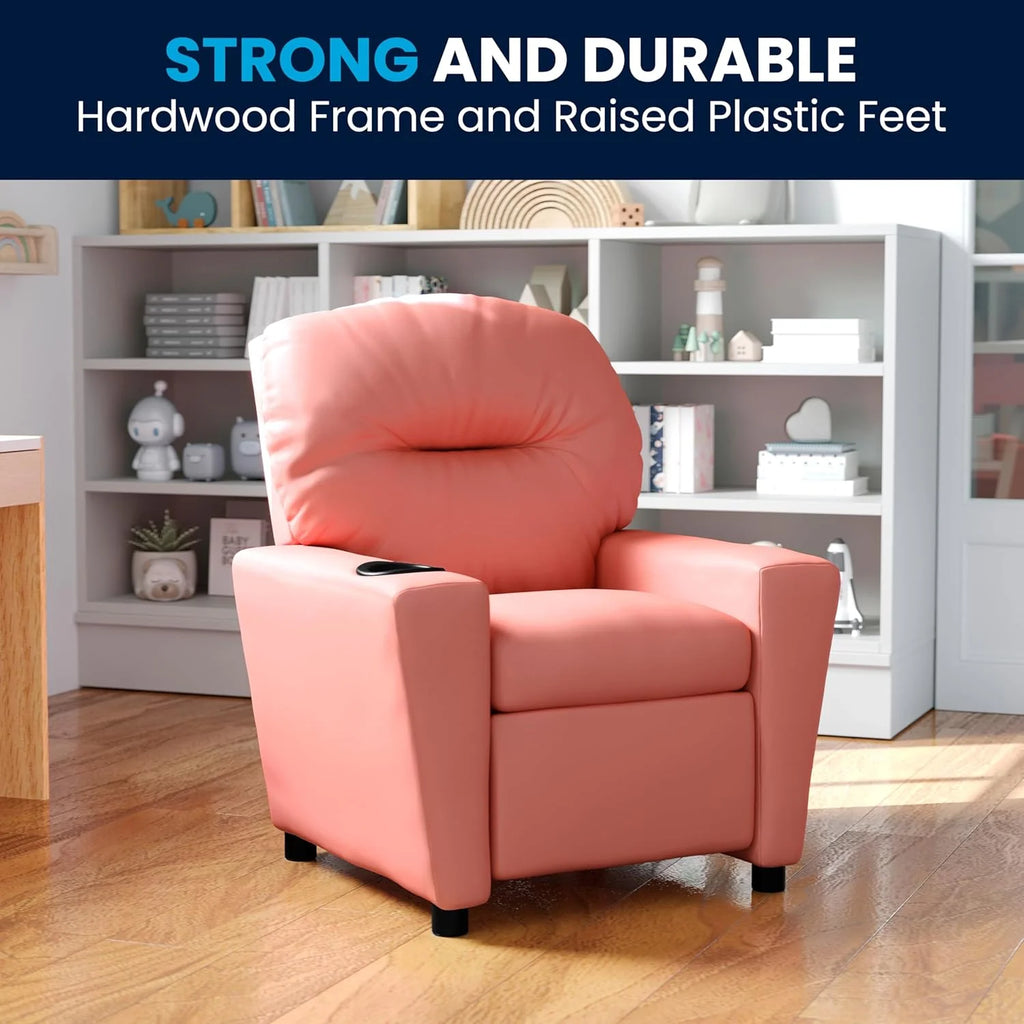 Poltrona Reclinável Infantil Contemporânea Flash Furniture com Porta-Copos, Madeira, Vinil Bege, 66,04 x 53,34 x 53,34 cm